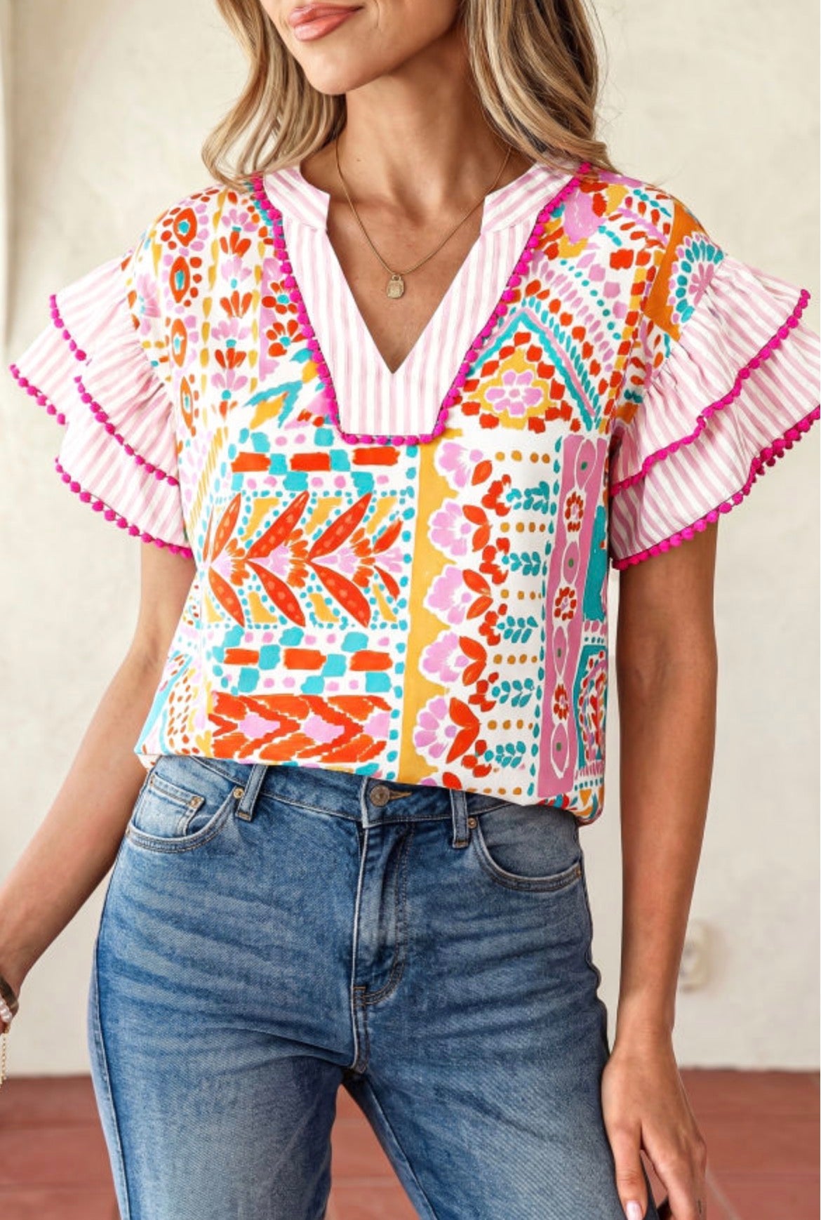 #925 Boho Mixed Print Striped Short Sleeve Blouse