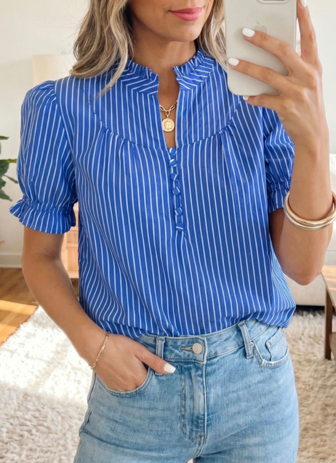 #941 Blue Stripe Ruffled Puff Sleeve Blouse
