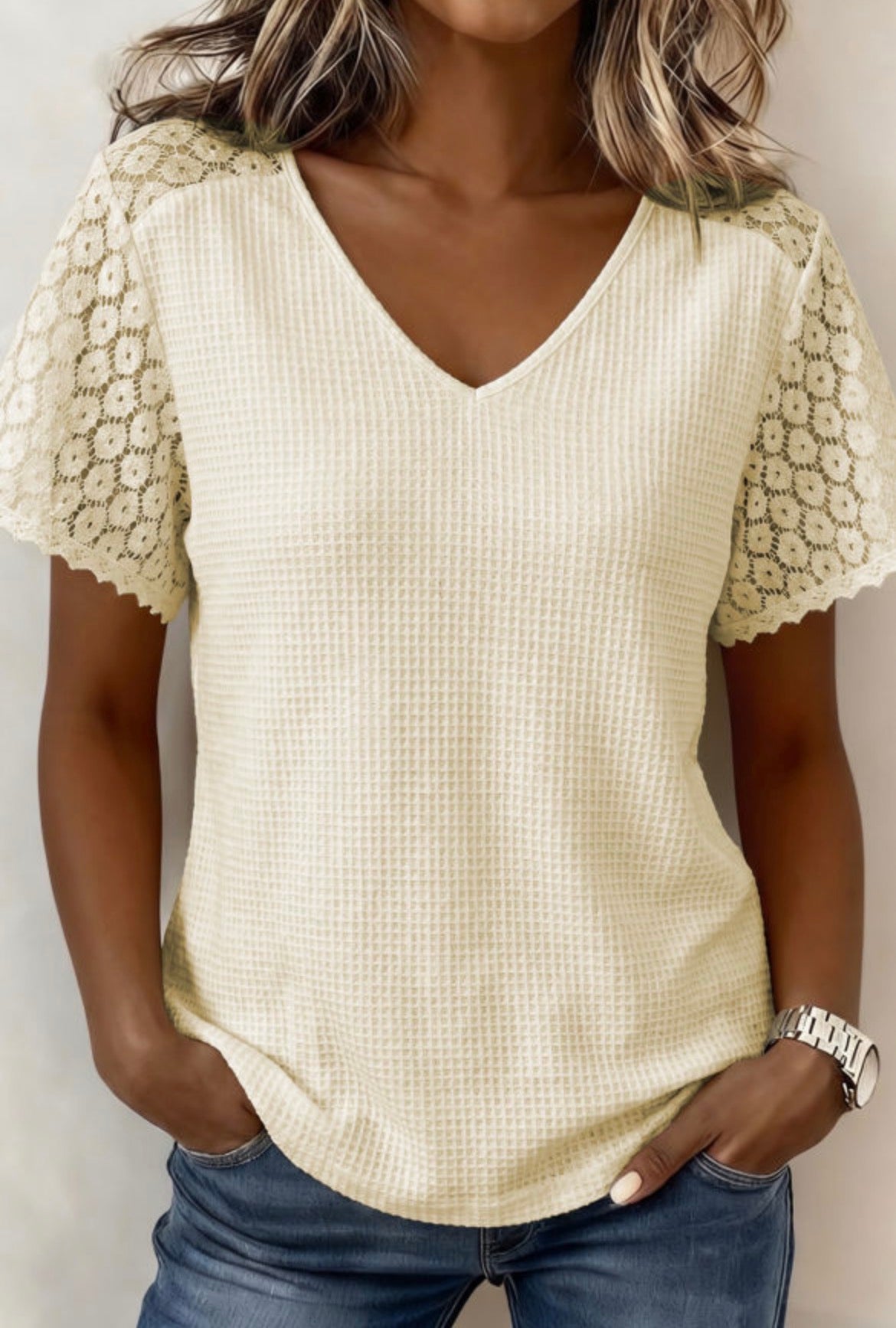 #935 Beige Lace Waffle Knit Blouse