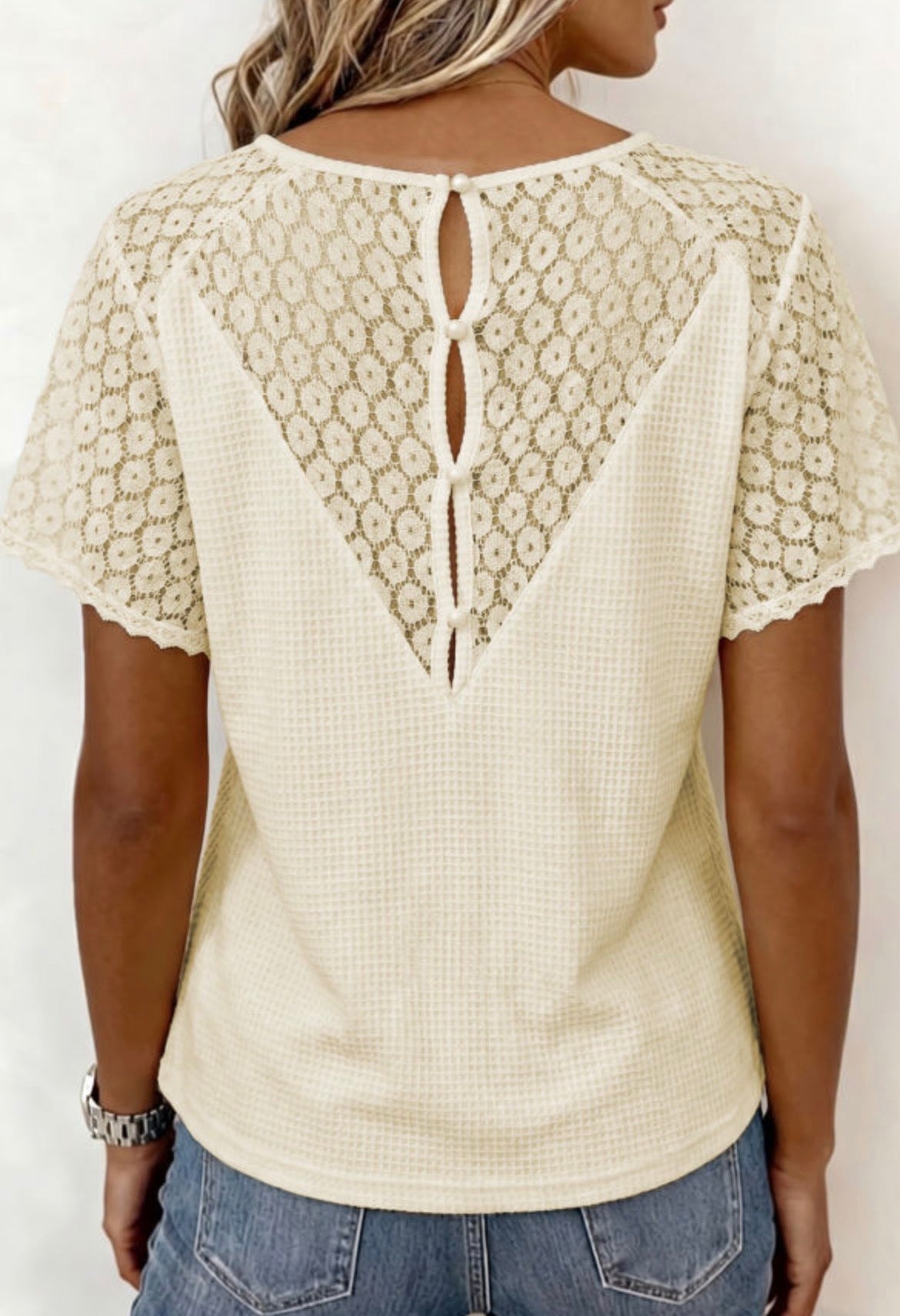 #935 Beige Lace Waffle Knit Blouse