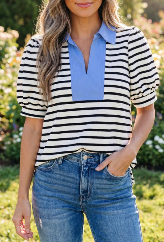 #924 Black Stripe Puff Sleeve Polo Collar Blouse