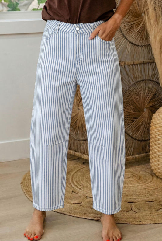 #989 Sky Blue Striped Barrel Jeans