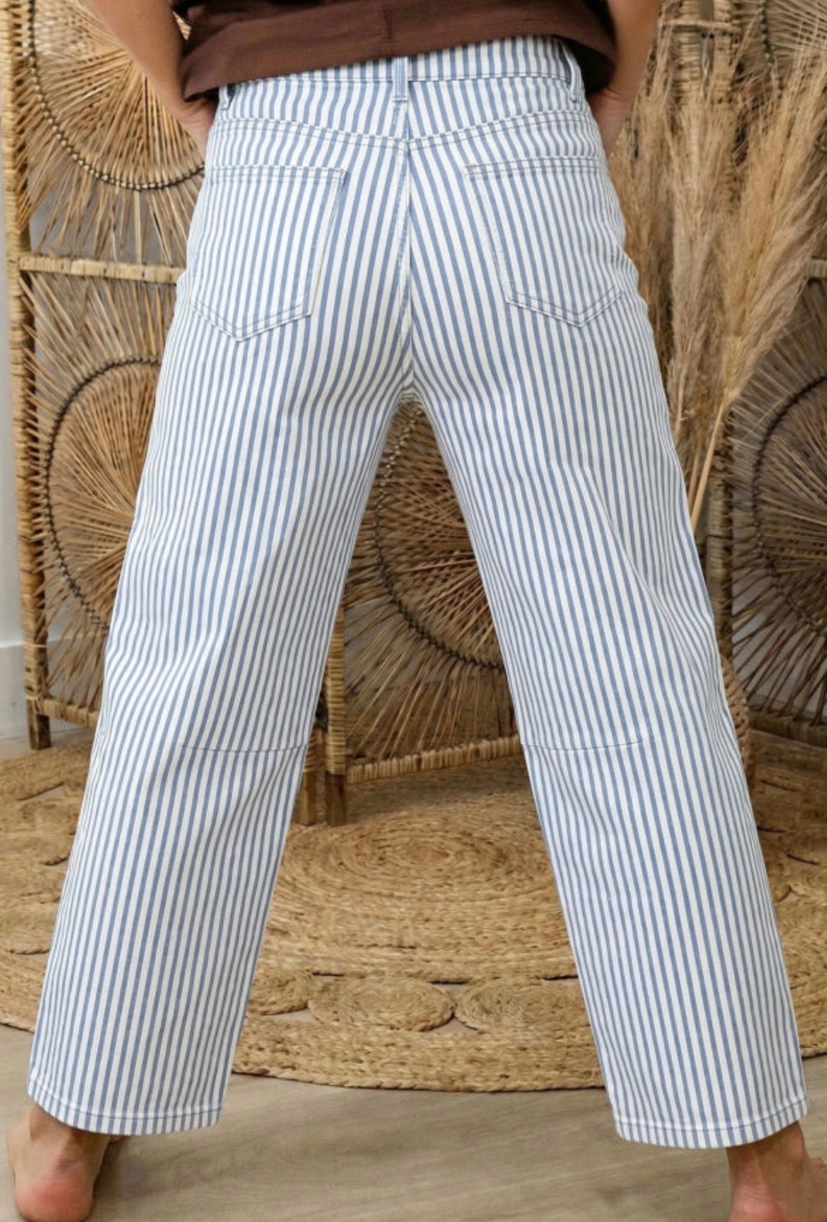 #989 Sky Blue Striped Barrel Jeans