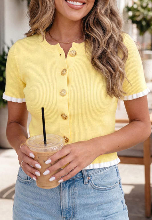 #992 Yellow  Ribbed Frilled Short Sleeve Sweater