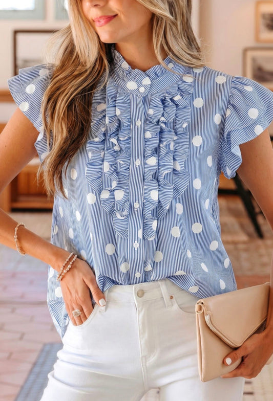 #998 Polka Dot Print Pleated Ruffle Sleeve Shirt