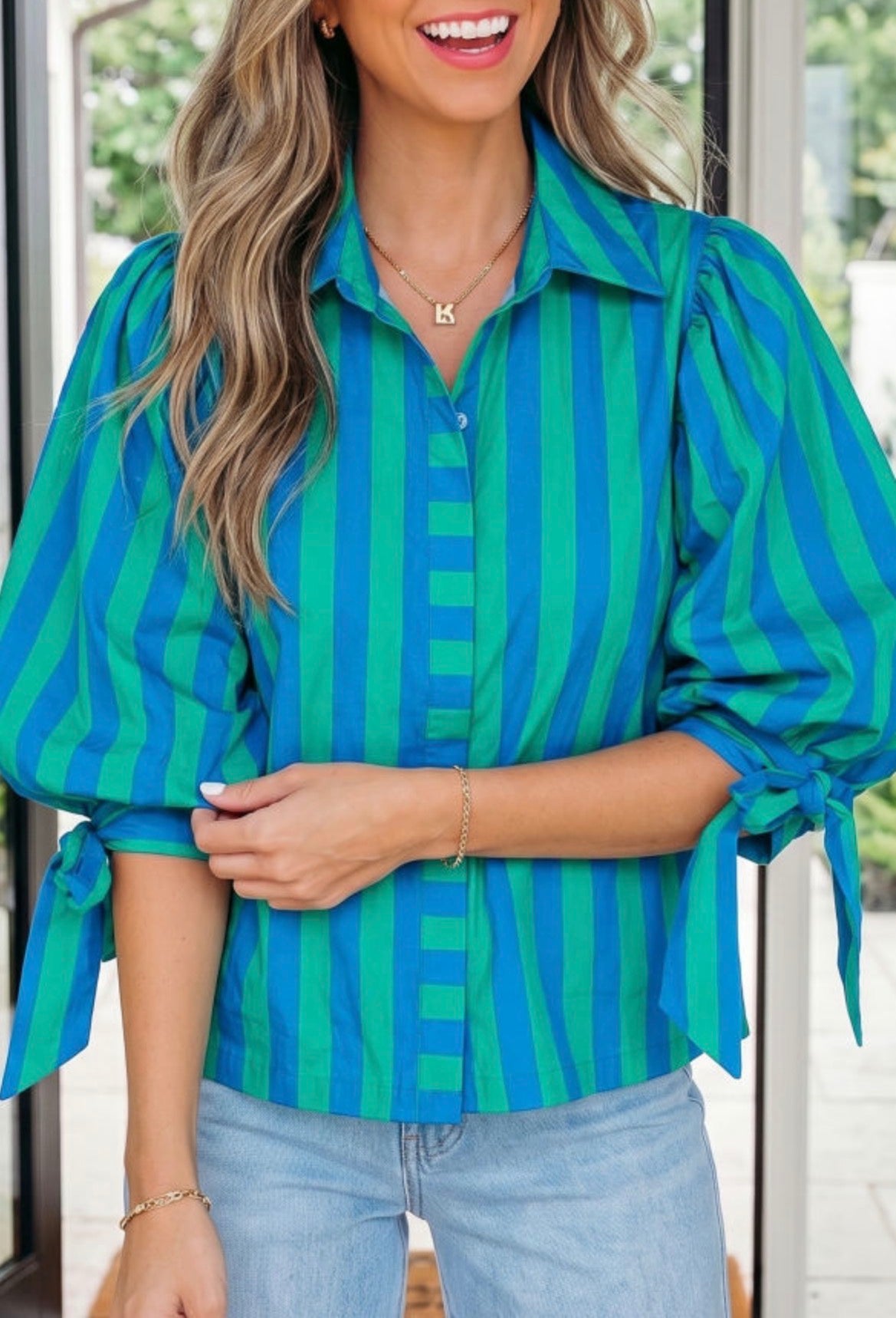 #988 Blue and Green Striped Tie Sleeve Top