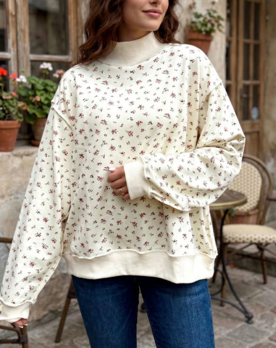 #997 Mock Neck Patchwork Floral Sweatshirt