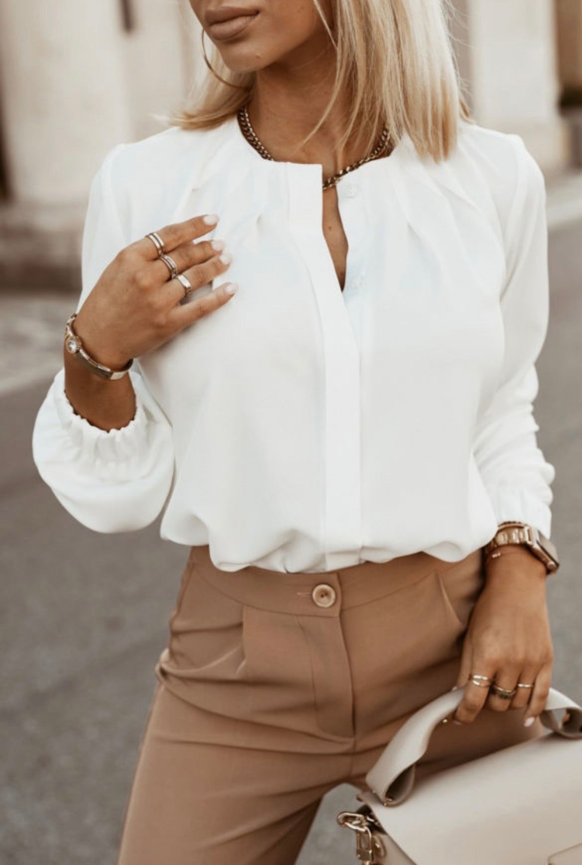 #1038 White Crew Neck Gathered Stretch Cuff Shirt