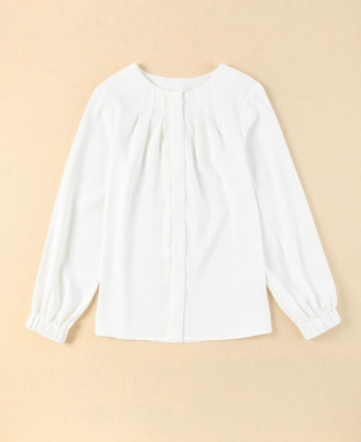 #1038 White Crew Neck Gathered Stretch Cuff Shirt
