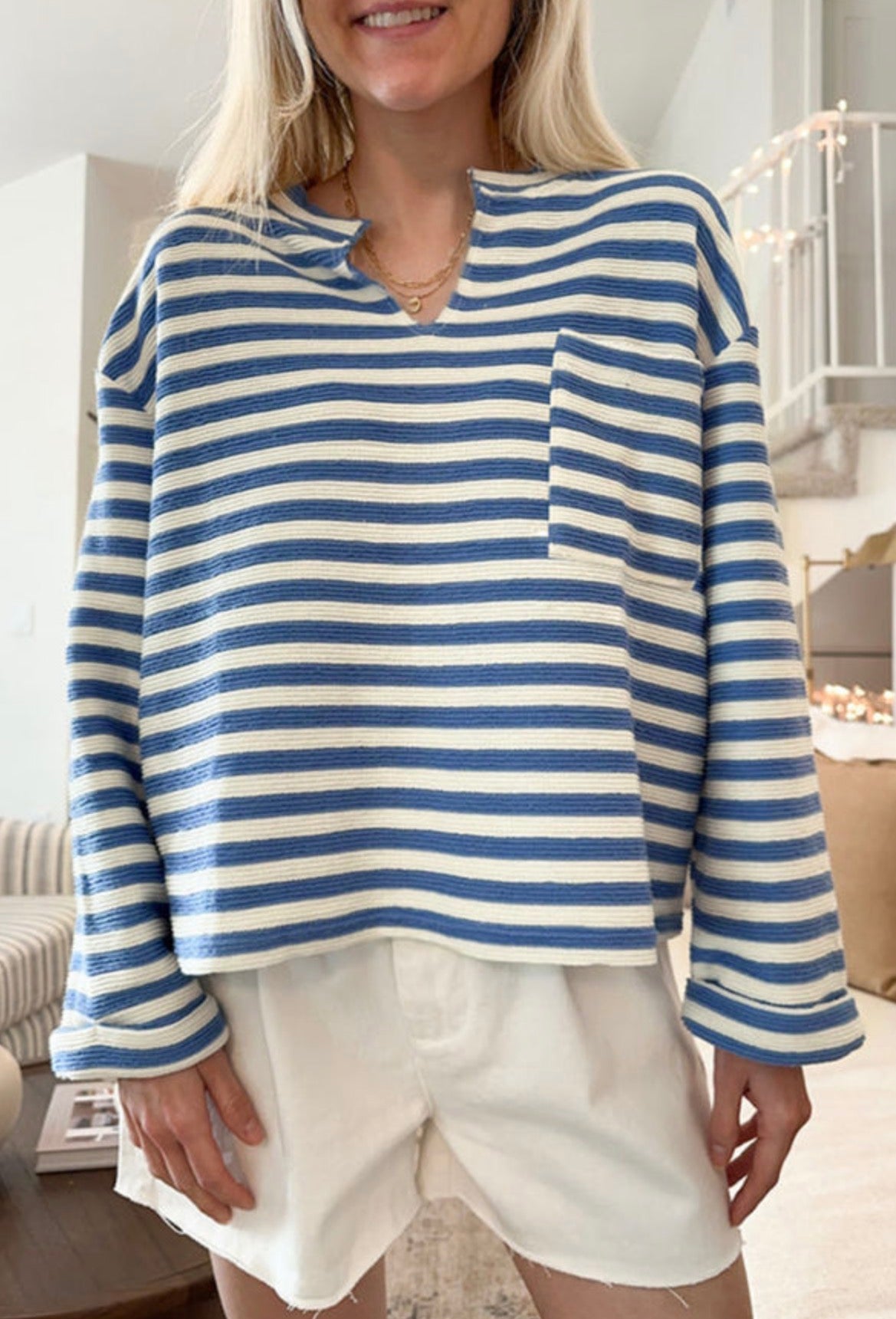 #1039 Sky Blue Stripe Chest Pocket Buttoned Back Notched V Neck Top