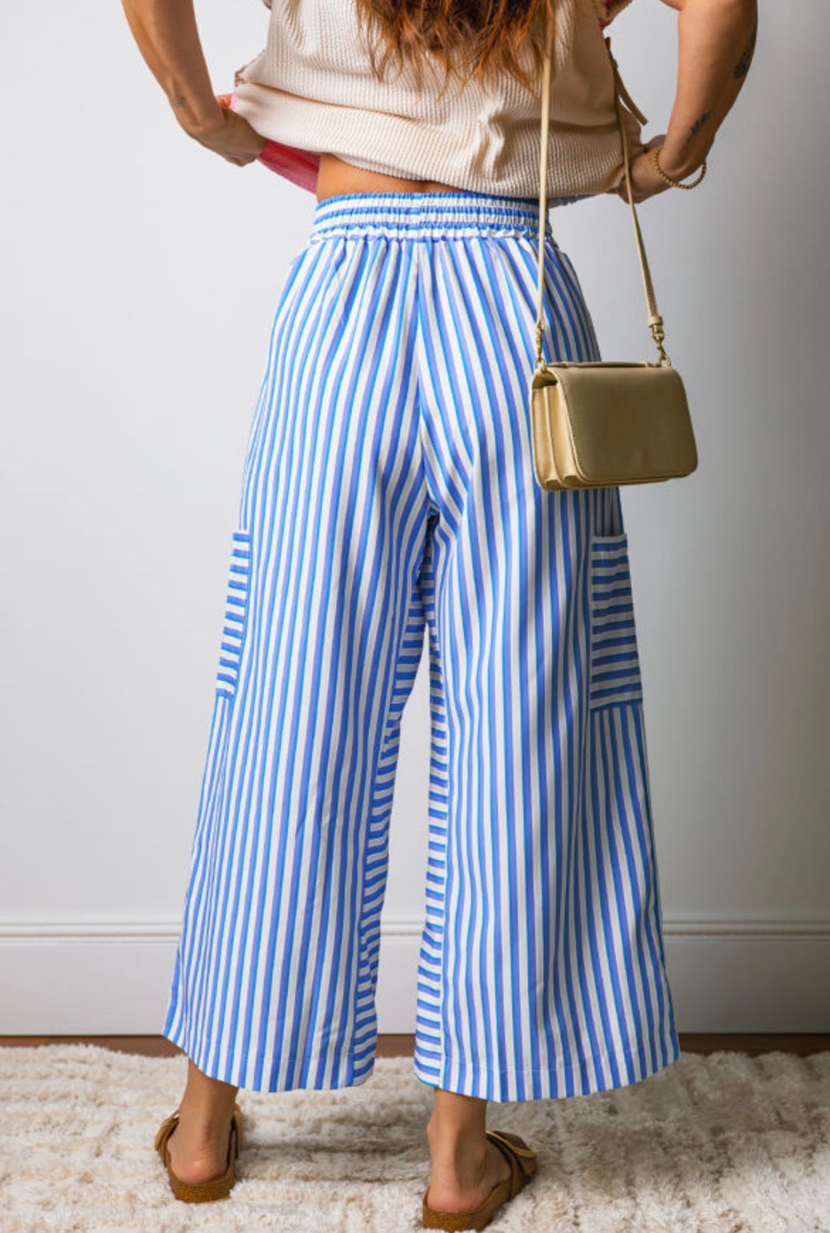 #1041 Blue Stripe Patch Pocket Wide Leg Ankle-length Pants