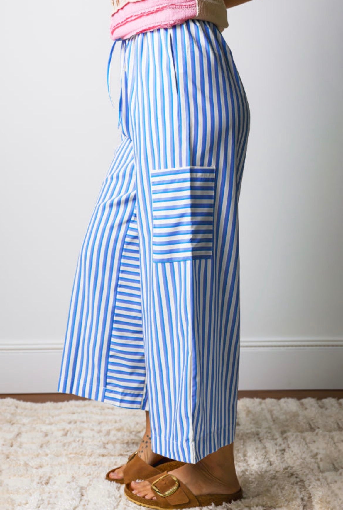 #1041 Blue Stripe Patch Pocket Wide Leg Ankle-length Pants