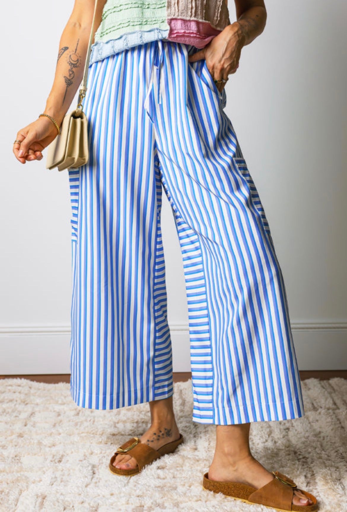 #1041 Blue Stripe Patch Pocket Wide Leg Ankle-length Pants