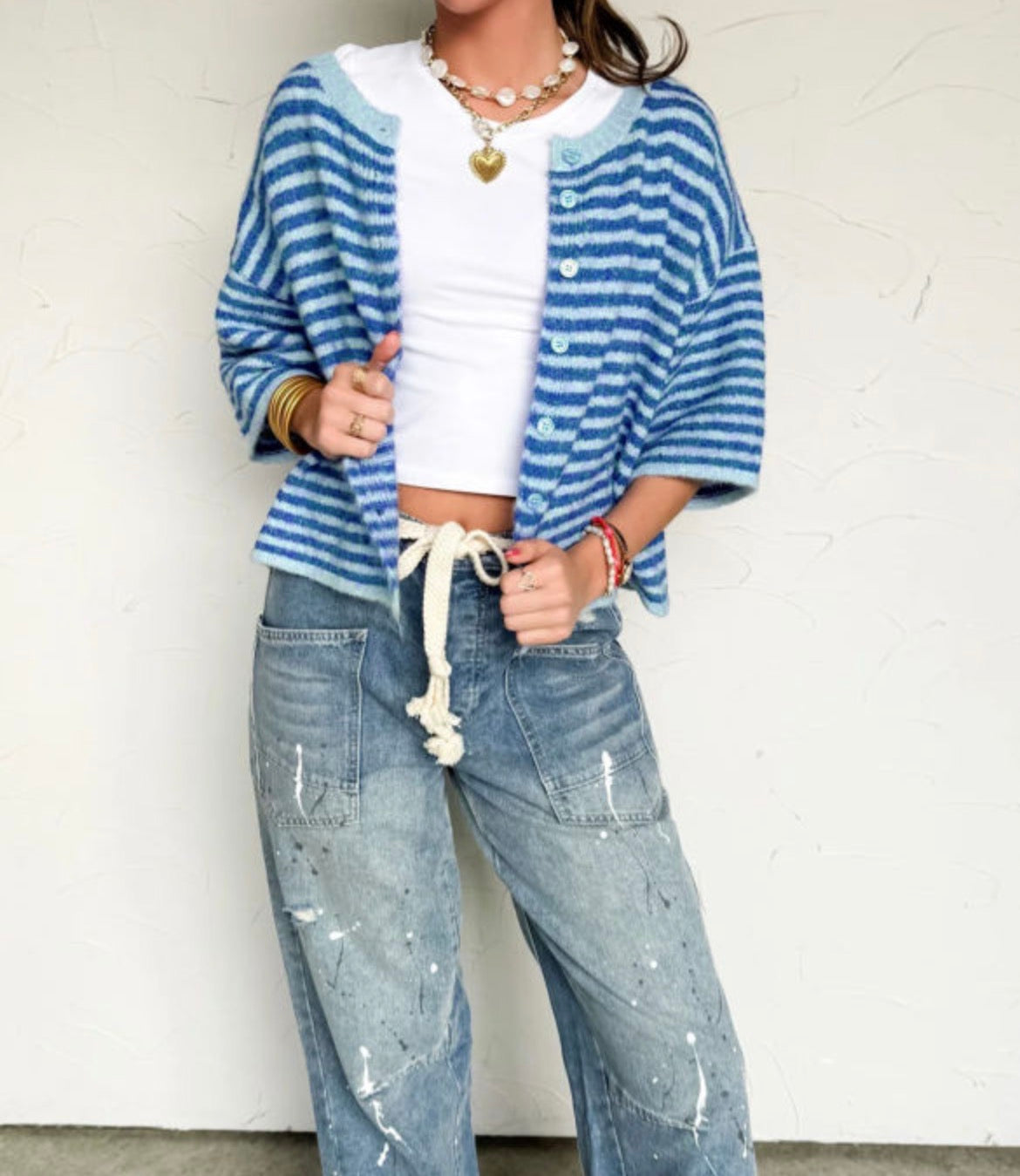#1042 Blue Stripe Loose Half Sleeve Button Down Cardigan