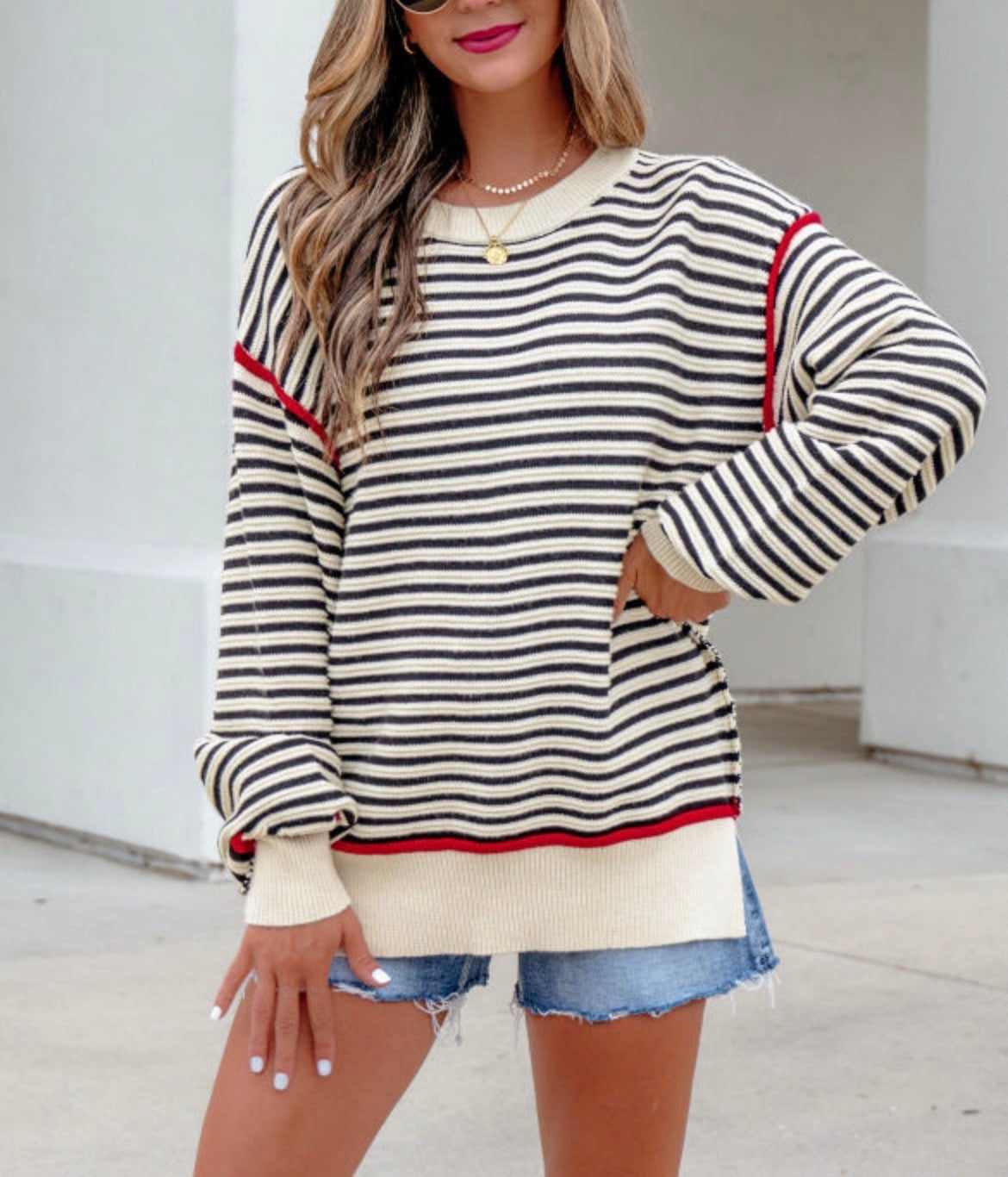 #1049 Black Stripe Ribbed Oversized Sweater