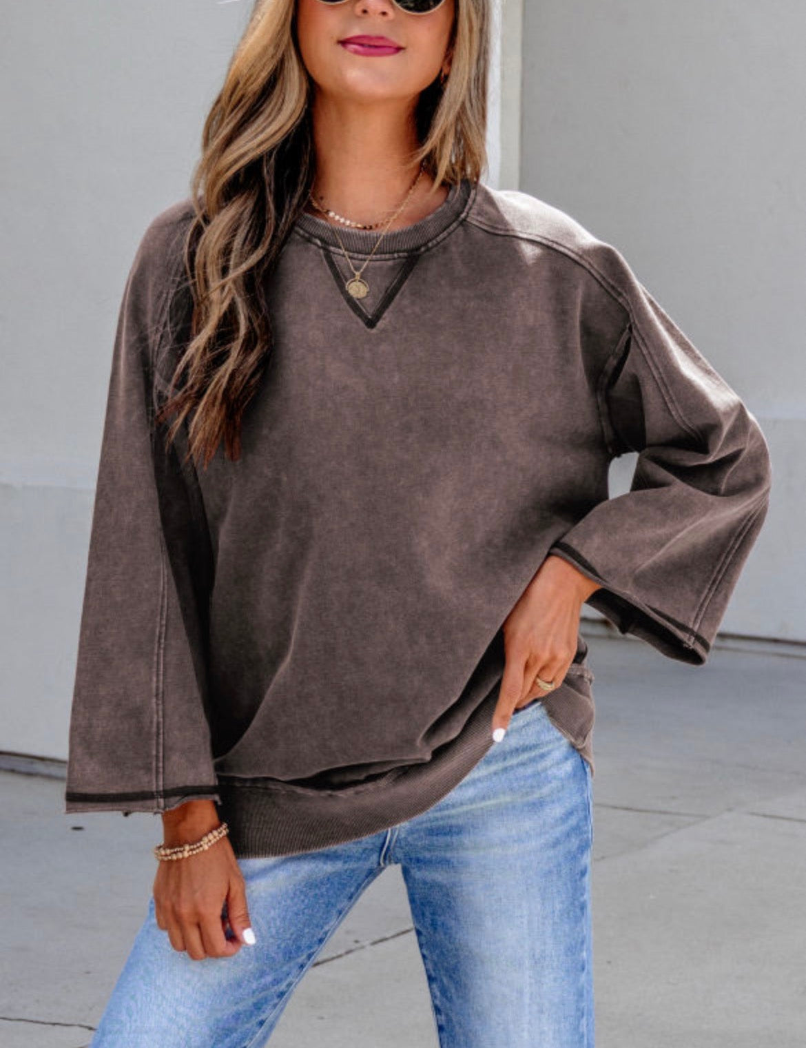 #1052 Dark Brown 3/4 Sleeve Mineral Wash Top
