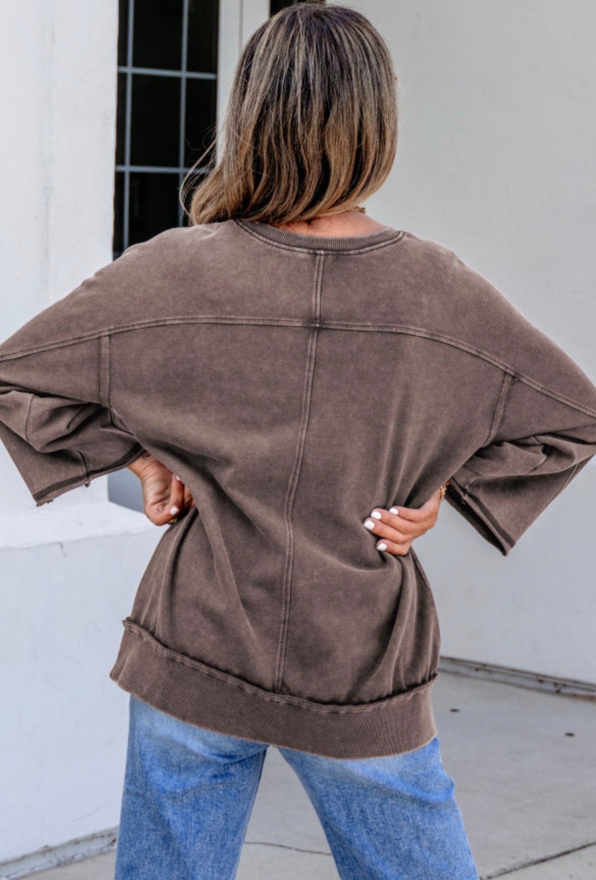 #1052 Dark Brown 3/4 Sleeve Mineral Wash Top