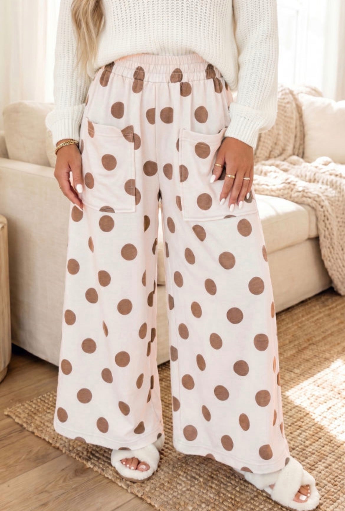 #1022 Polka Dot Wide Leg Elastic Waist Casual Pants