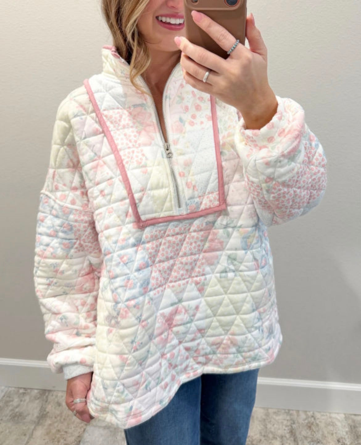 #1056 Floral Quilted Zipper Collar Sweatshirt