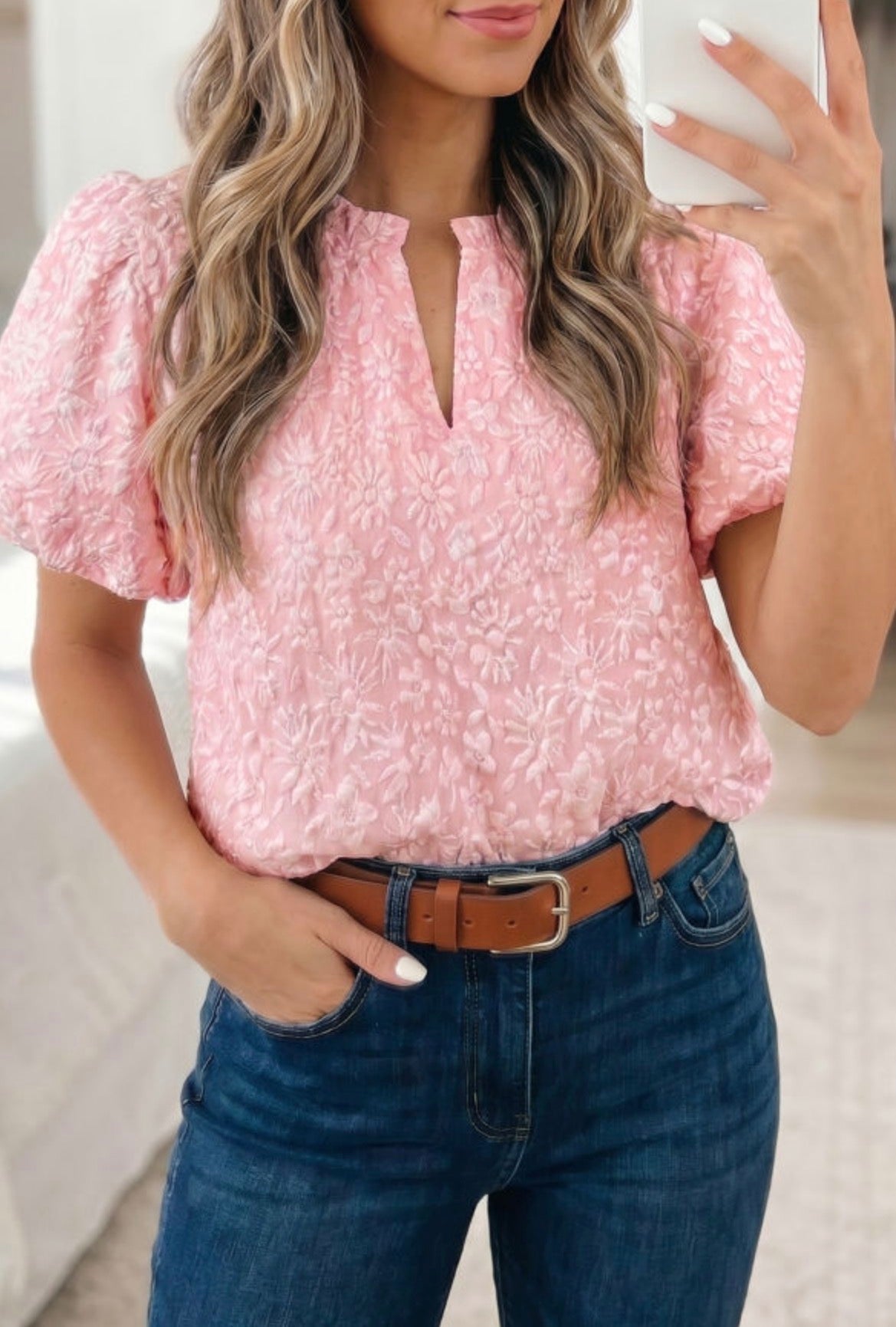 #1020 Pink Floral Textured Puff Sleeve Blouse
