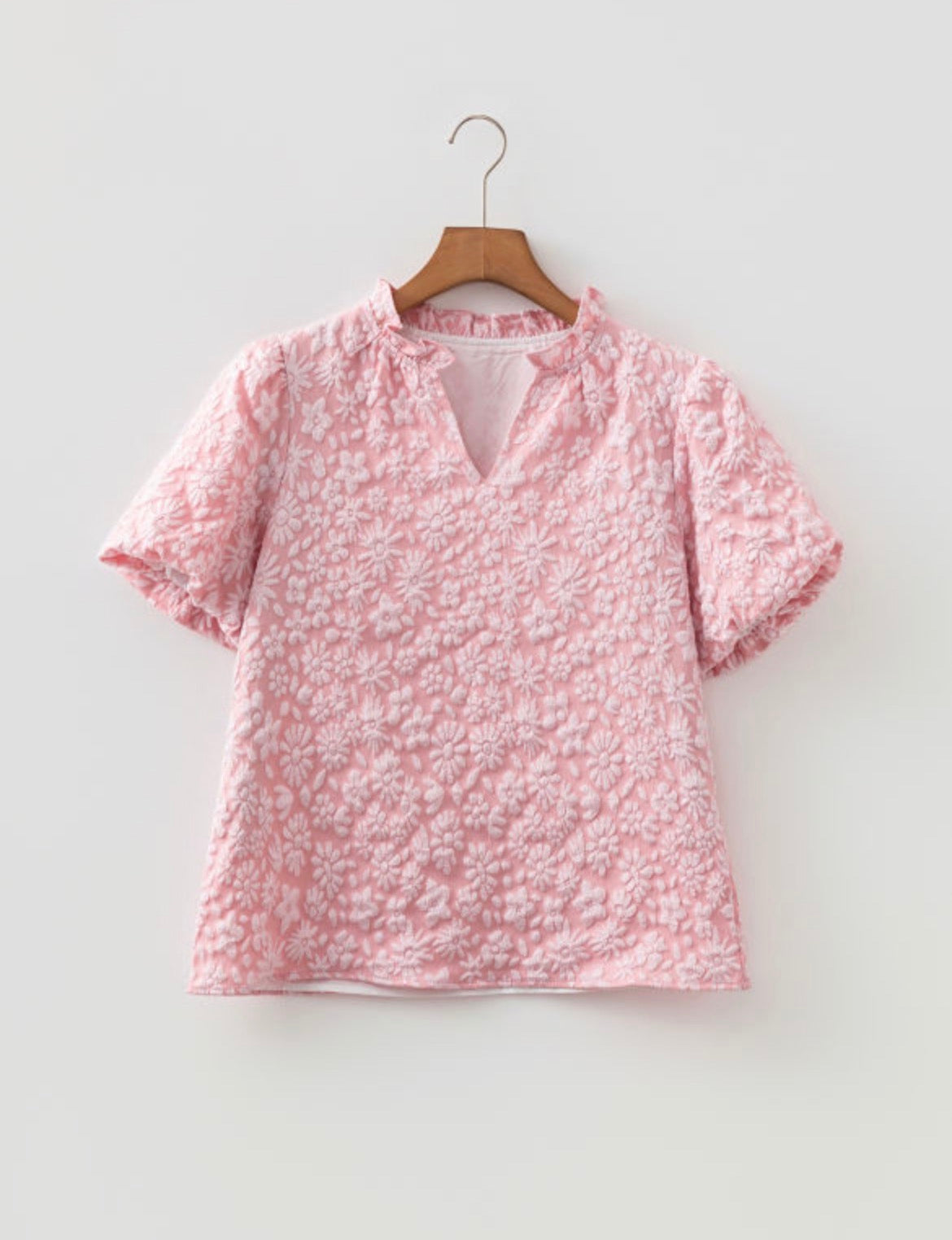 #1020 Pink Floral Textured Puff Sleeve Blouse