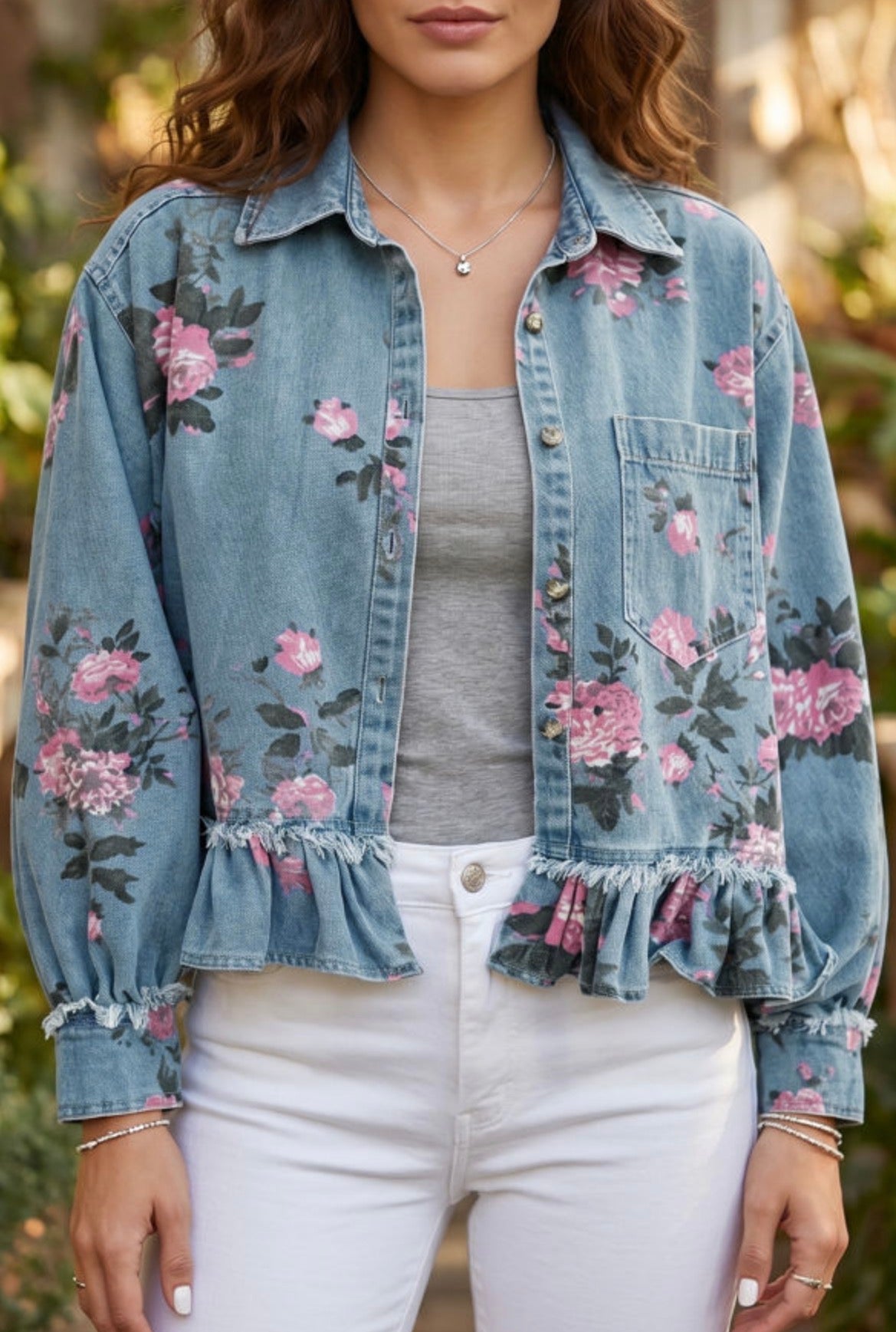 #1017 Blue Floral Print Ruffle Hem Denim Jacket