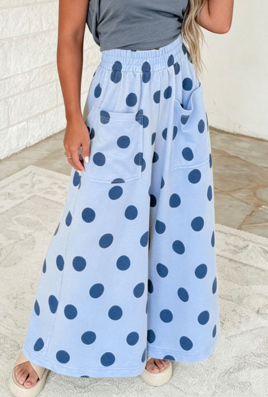 #1022 Polka Dot Wide Leg Elastic Waist Casual Pants