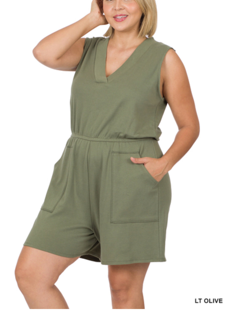 #330 Plus Size Sleeveless Romper with Pockets