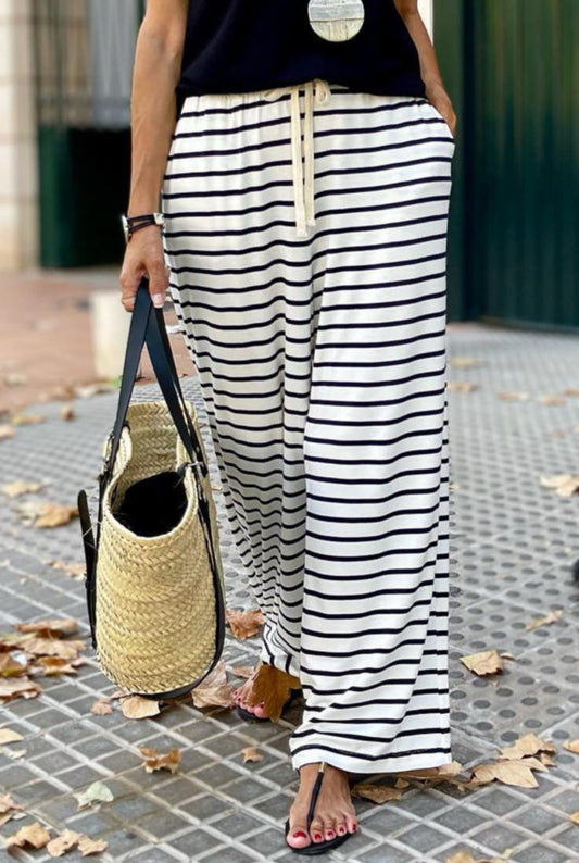 #338 White Drawstring Striped Wide Leg Pants