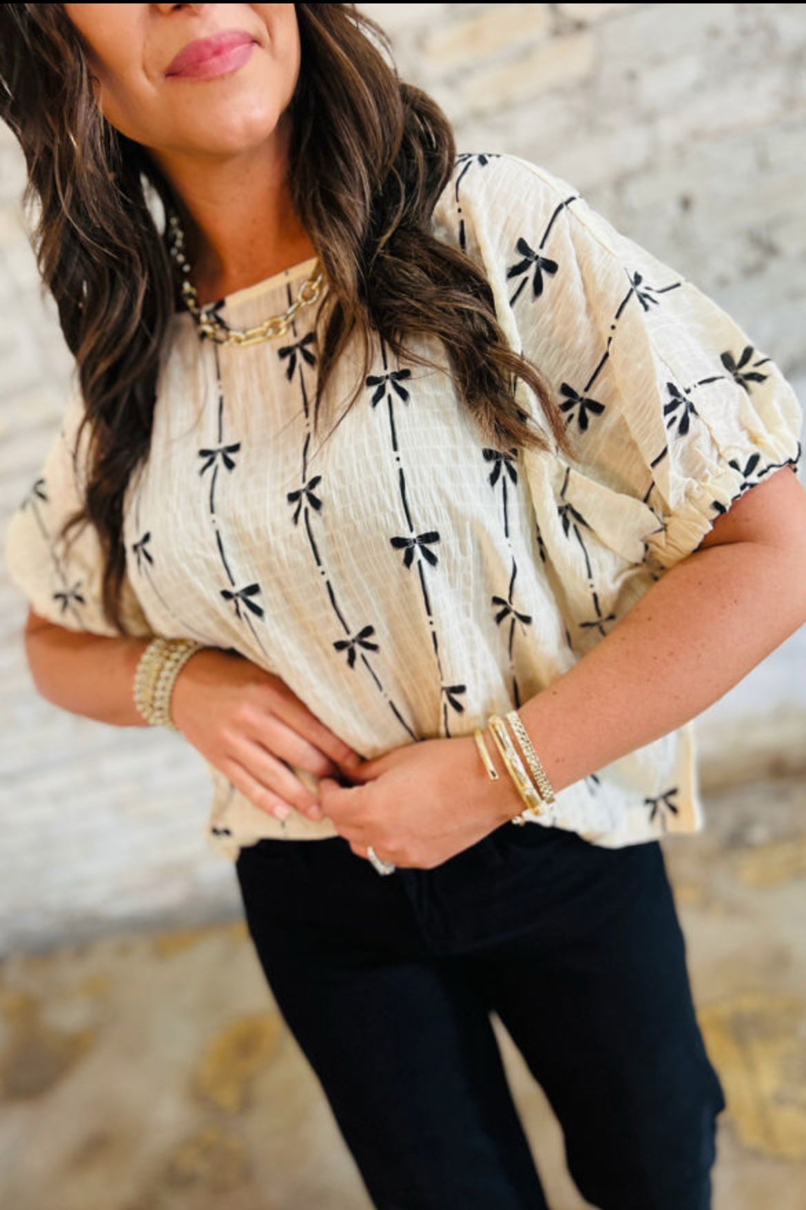 #344 Bow Print Puff Short Sleeve Top
