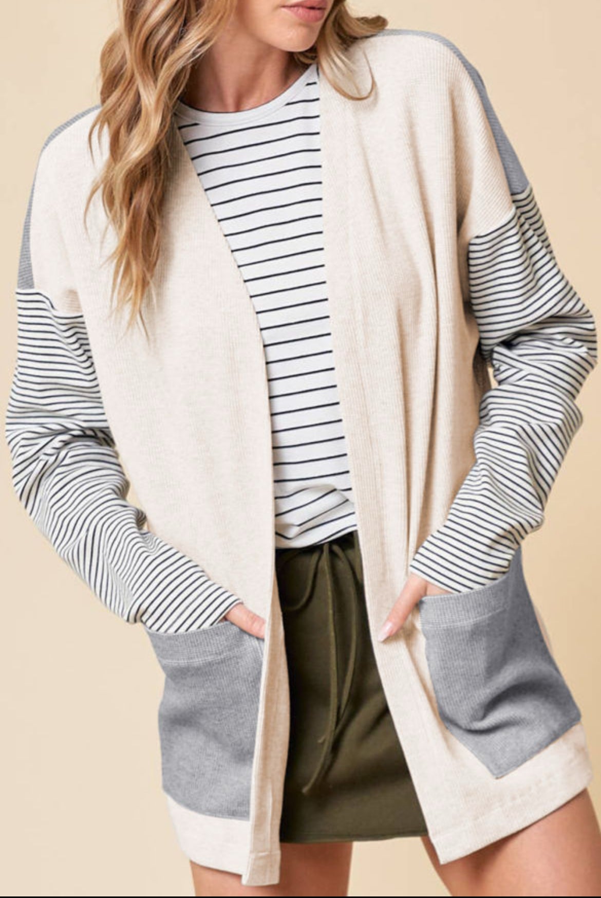 #345 Black Stripe Colorblock Patchwork Open Front Cardigan with Pocket