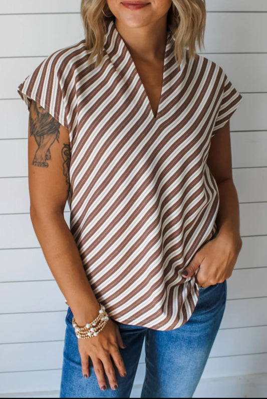 #353 Chestnut Striped Stand V Neck Short Sleeve Blouse
