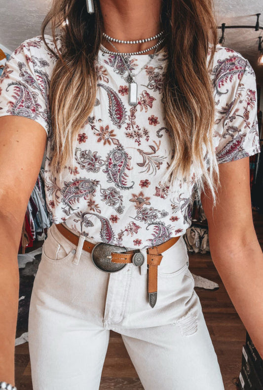 #360 White Vintage Paisley Mock Neck T Shirt