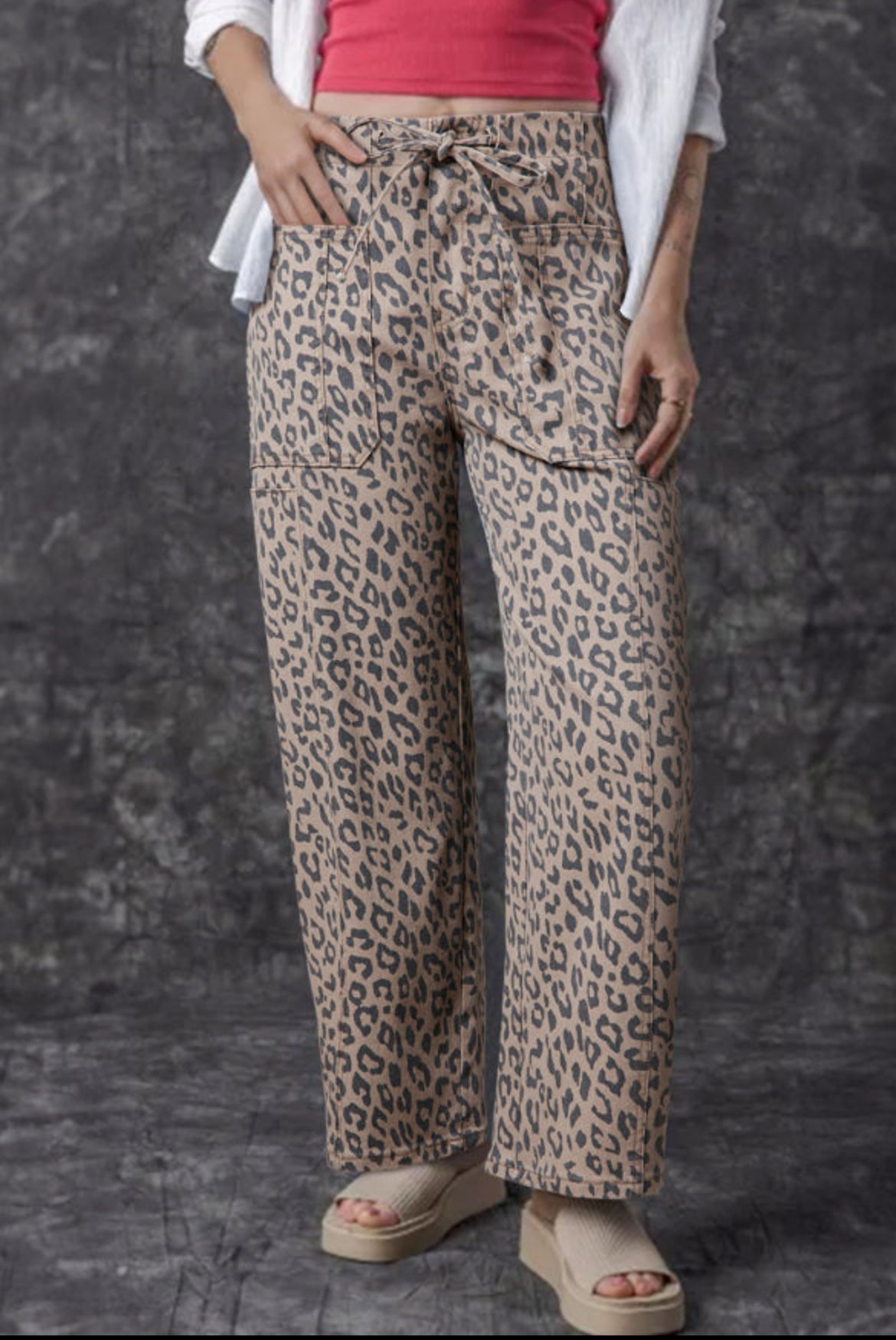 #361 Khaki Leopard Printed Drawstring Waist Pocketed Wide Leg Jeans