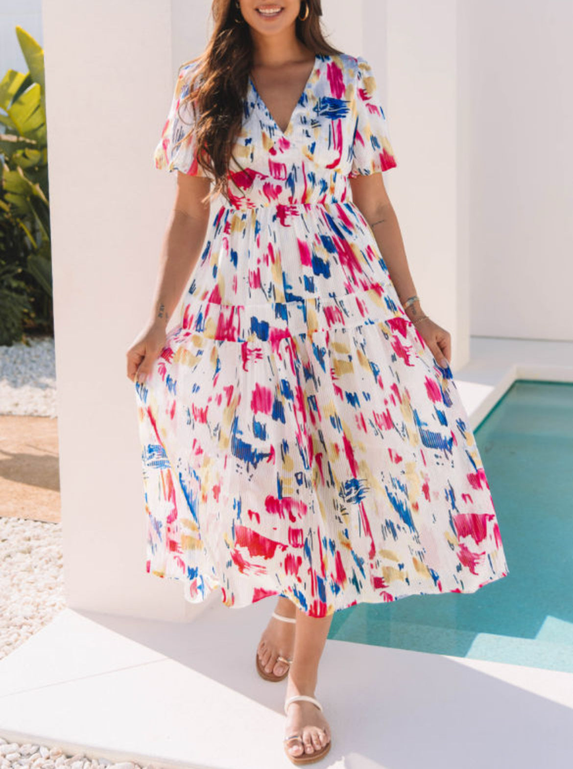#362 Rose Abstract Print Short Puff Sleeve Tiered Maxi Dress