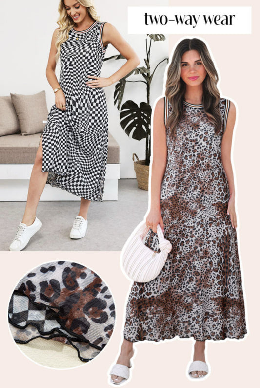 #365 Multicolour Leopard Checkered Double Printed Reversible Sleeveless Long Dress