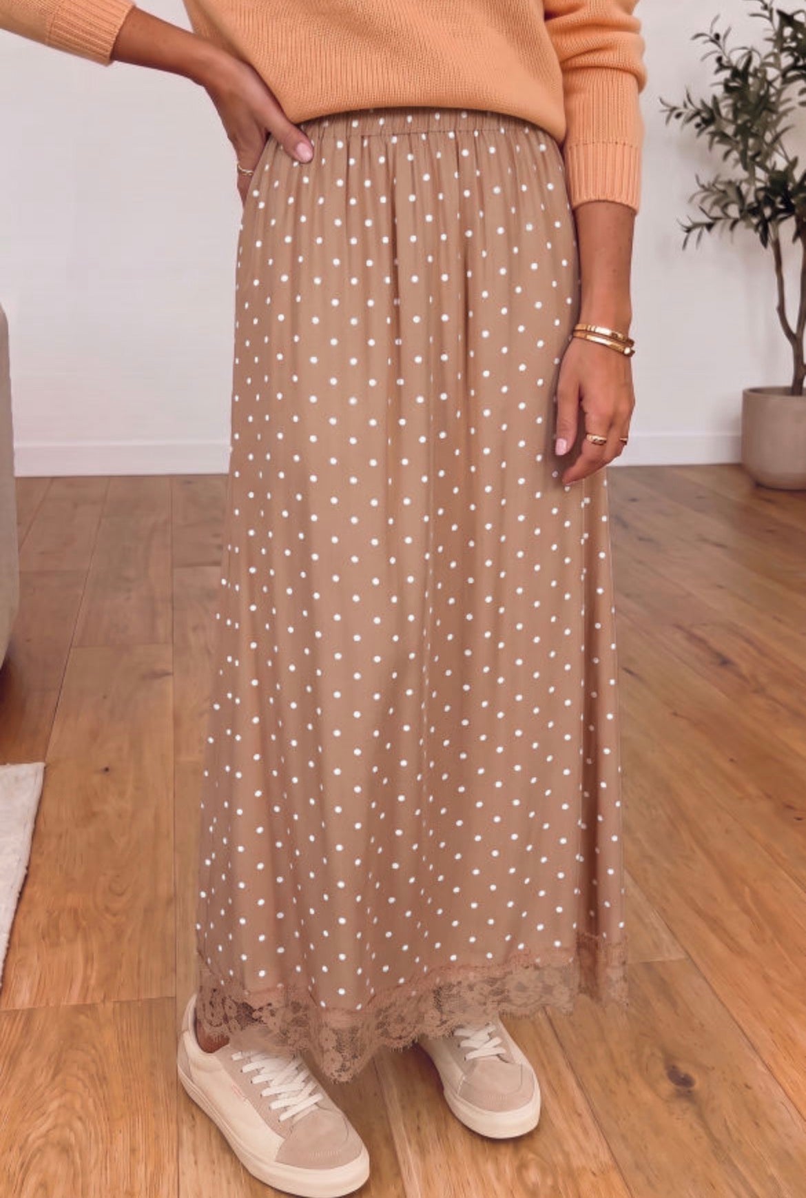#1077 Polka Dot Lace Hem Elegant Long Shift Skirt
