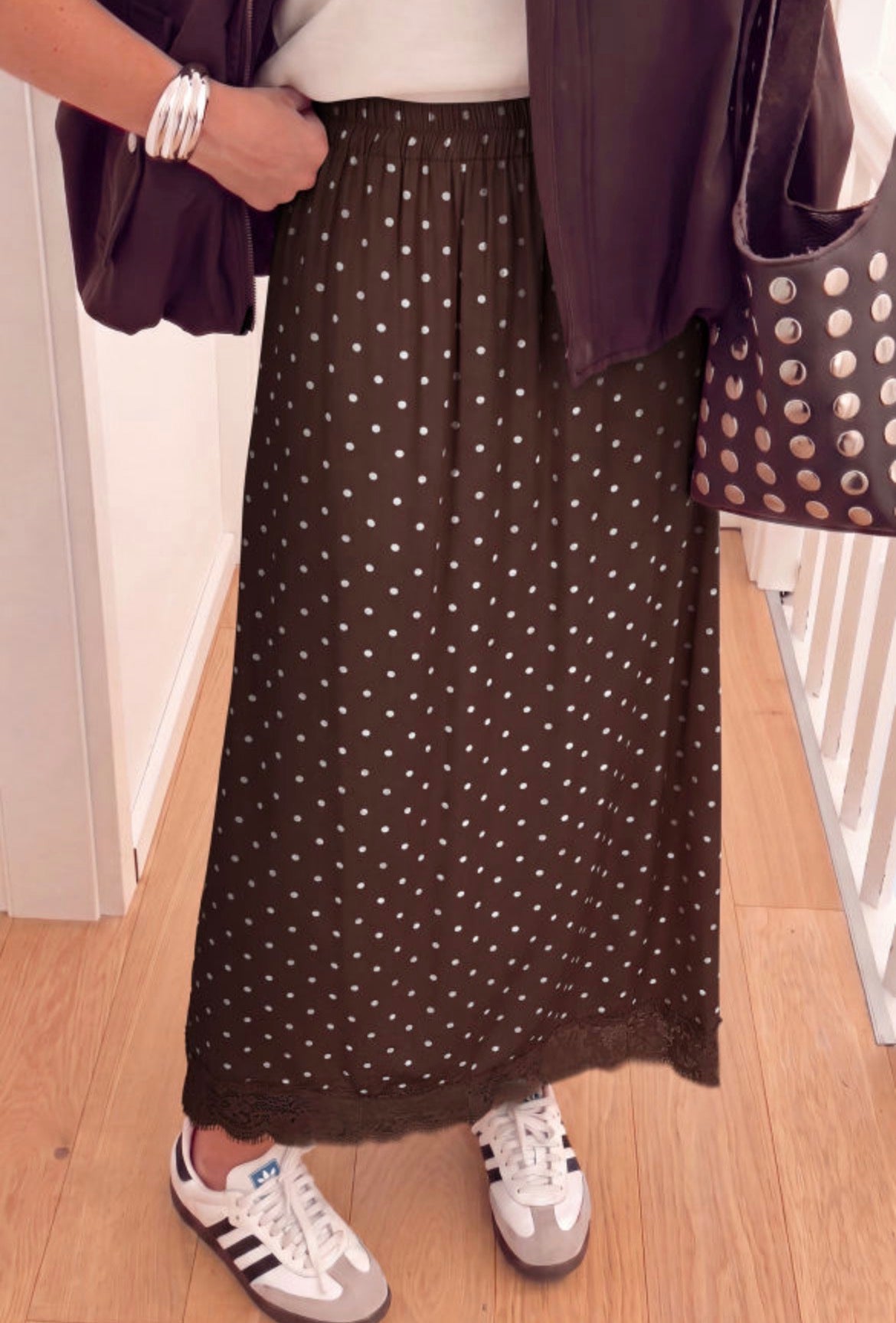 #1077 Polka Dot Lace Hem Elegant Long Shift Skirt