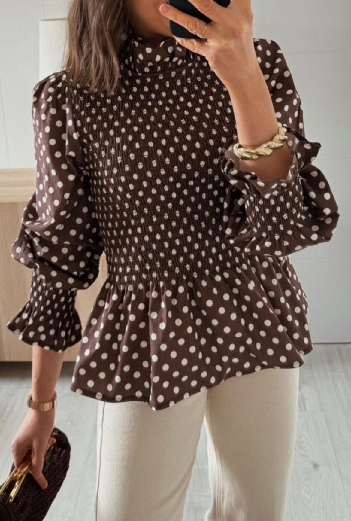 #1081 Brown Polka Dot Ruffled High Neck Shirred Ruffle Blouse