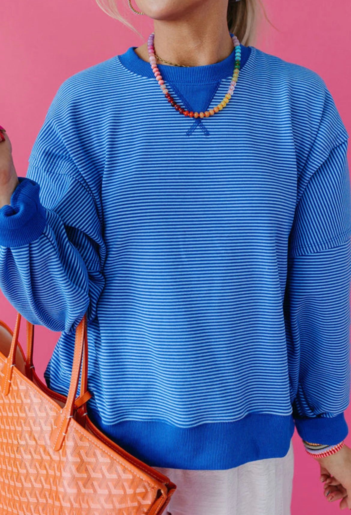 #1141 Blue Stripe Ribbed Cuffs Hem Long Sleeve Pullover Top