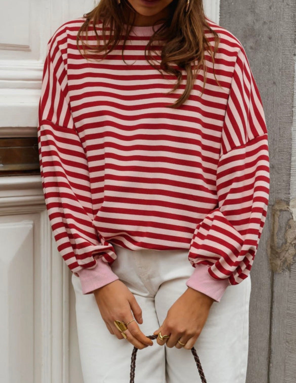 #1142 Red Stripe Cutout Open Back Long Sleeve Loose Top