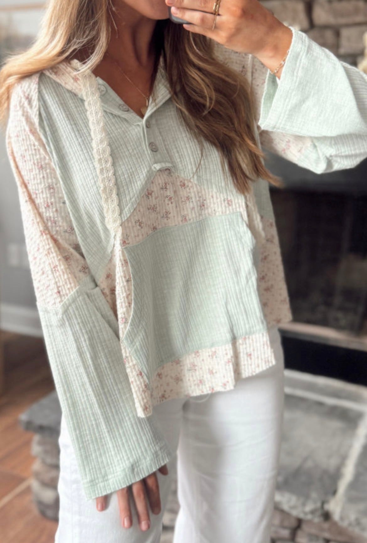 #1143 Aqua Textured Floral Patchwork Button Hooded Long Sleeve Top