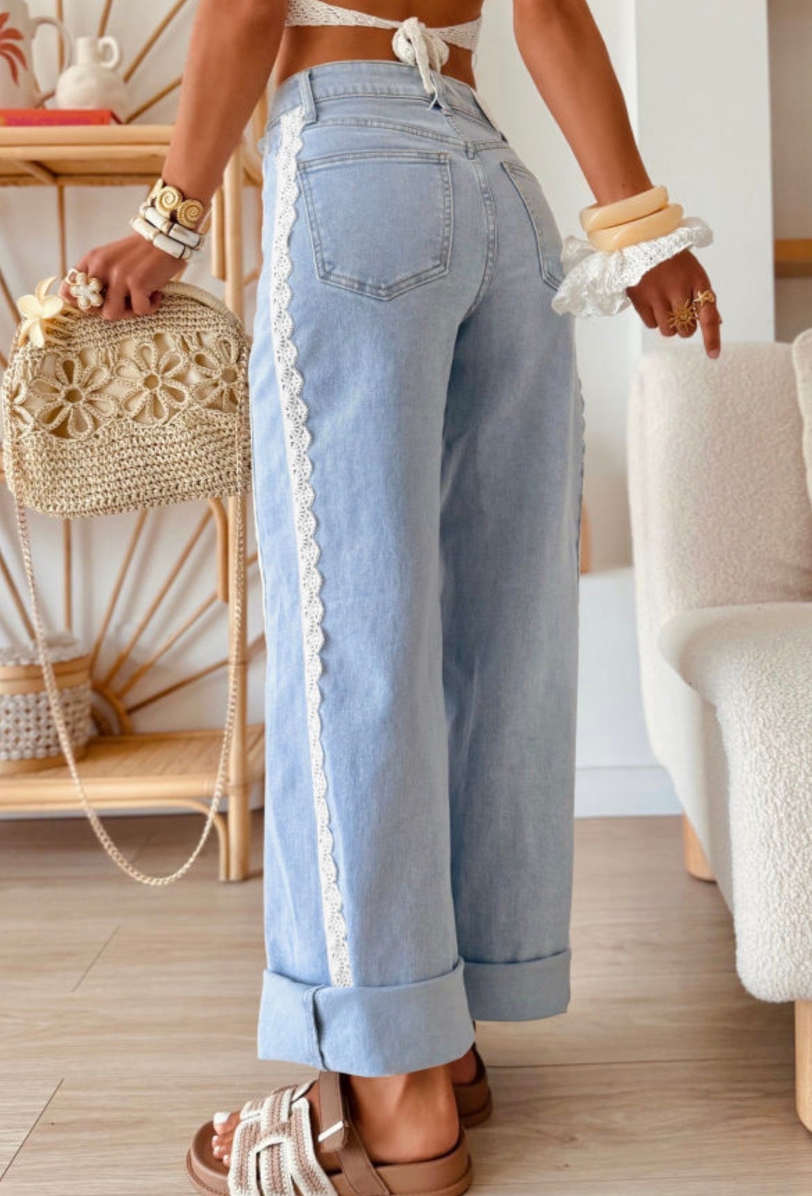 #1144 Beau Blue Lace Trim Casual Full-Length Regular Fit Jeans