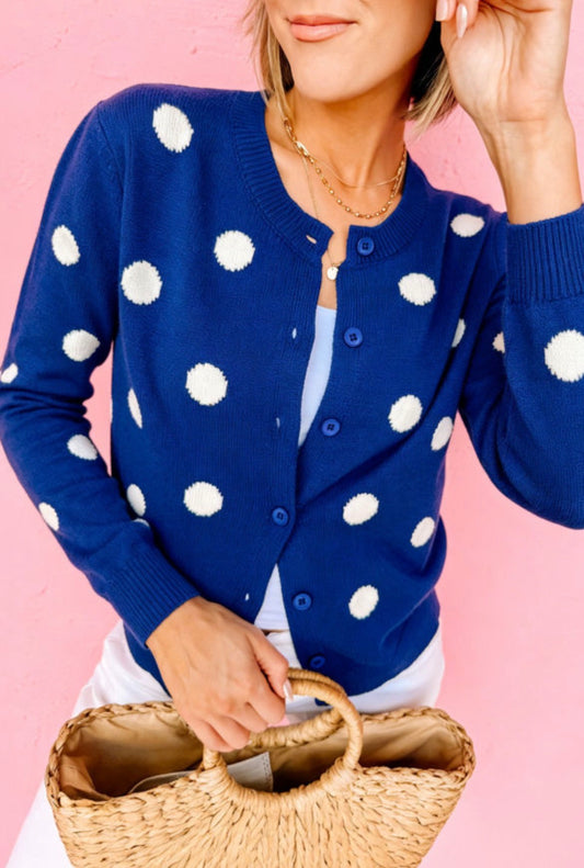 #1145 Casual Polka Dot Button Front Long Sleeve Sweater Cardigan