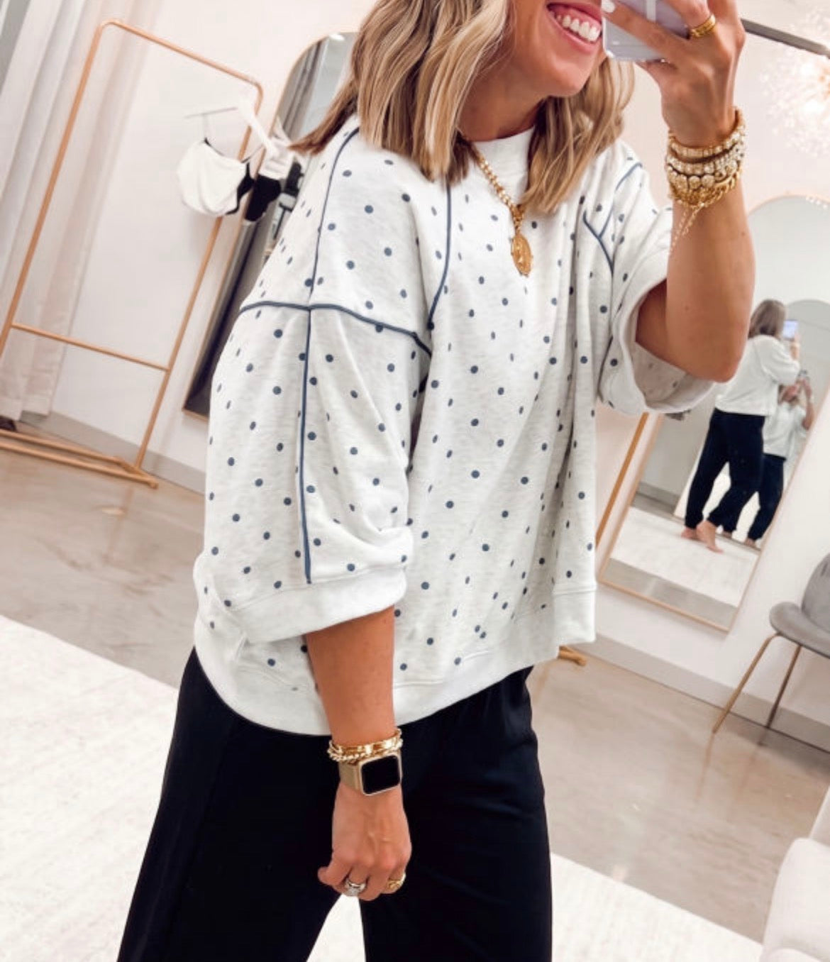 #1146 Polka Dot Print Piping Trim 3/4 Sleeve Relaxed Top