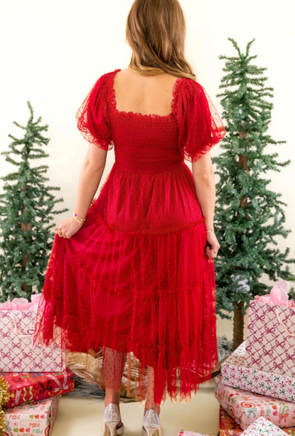 #1149 Fiery Red Tiered Tulle Smocked Bodice Puff Sleeve Dress