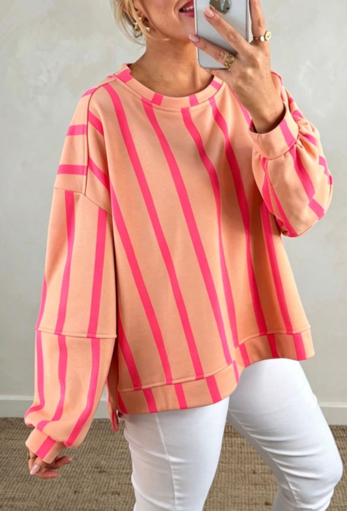 #1150 Pink Stripe Dropped Shoulder Round Neck Casual Sweatshirt