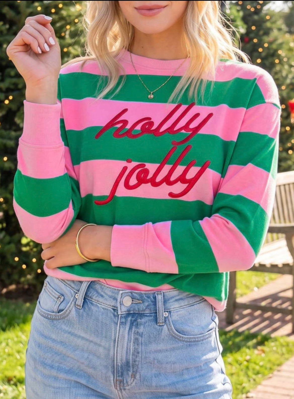 #1152 Stripe holly jolly Letter Embroidered Pullover Sweatshirt