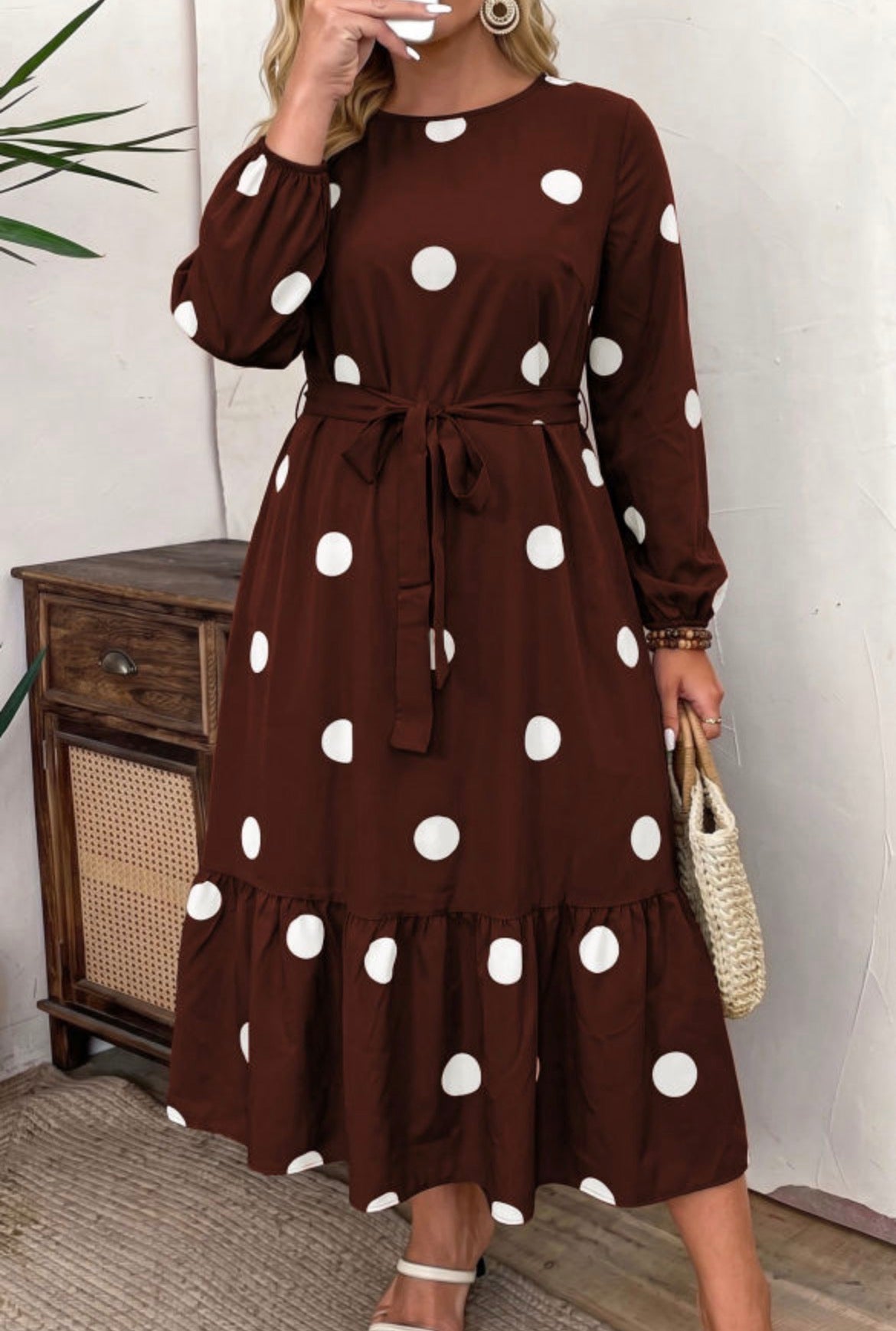 #1155 Brown Polka Dot Ruffled Hem Long Sleeve Tie Waist Plus Size Dress