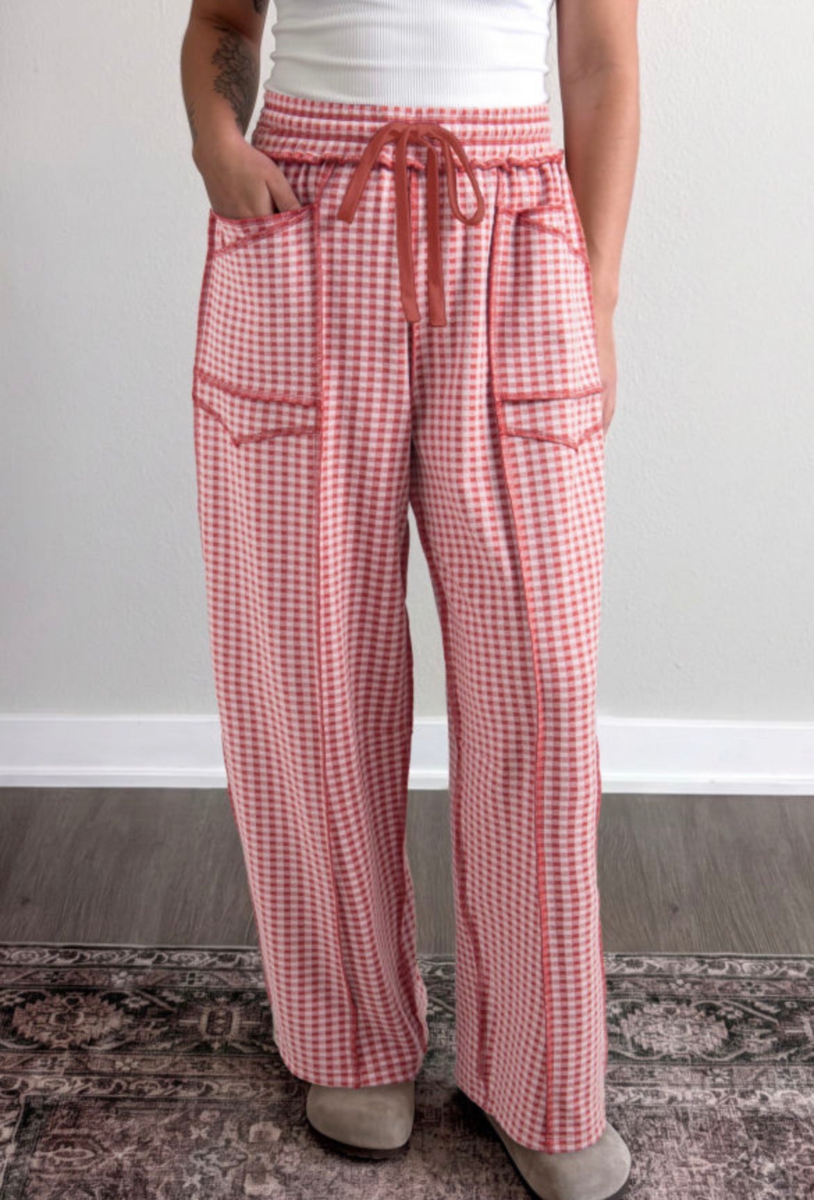 #1153 Plaid Contrast Trim Drawstring Elastic Waist Shift Pants